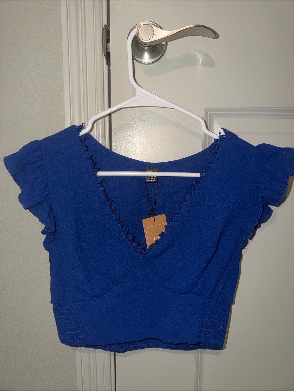 SHEIN Royal Blue V-Neck Ruffle Sleeve Smocked Crop Top